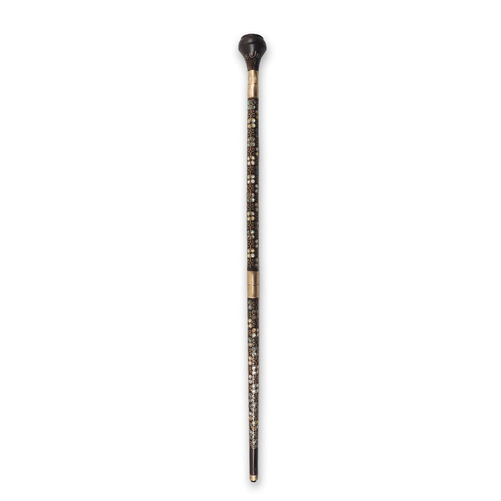 Handcrafted Wooden Walking Cane with Mother-of-Pearl and Copper Wire Inlay, Spherical Handle - WAAH236