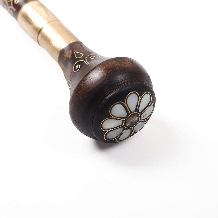 Handcrafted Wooden Walking Cane with Mother-of-Pearl and Copper Wire Inlay, Spherical Handle - WAAH236
