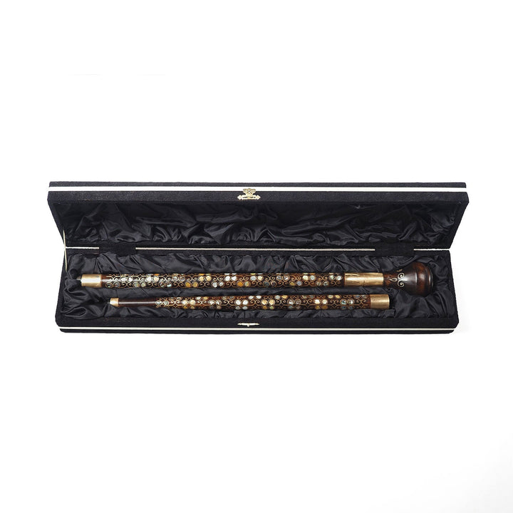 Handcrafted Wooden Walking Cane with Mother-of-Pearl and Copper Wire Inlay, Spherical Handle - WAAH236