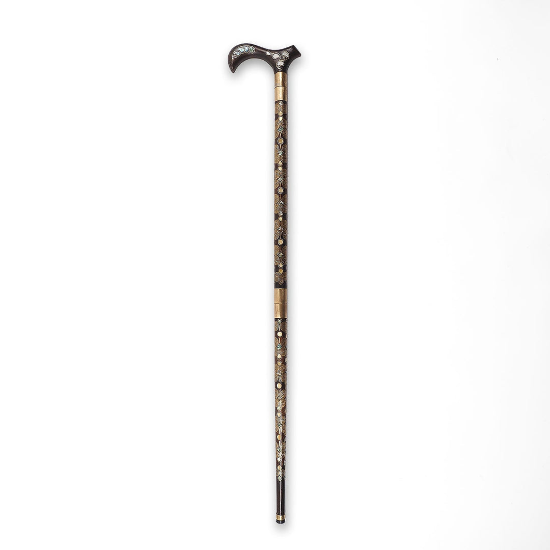 Handcrafted Wooden Walking Cane with Mother-of-Pearl and Copper Wire Inlay, Spherical Handle - WAAH237