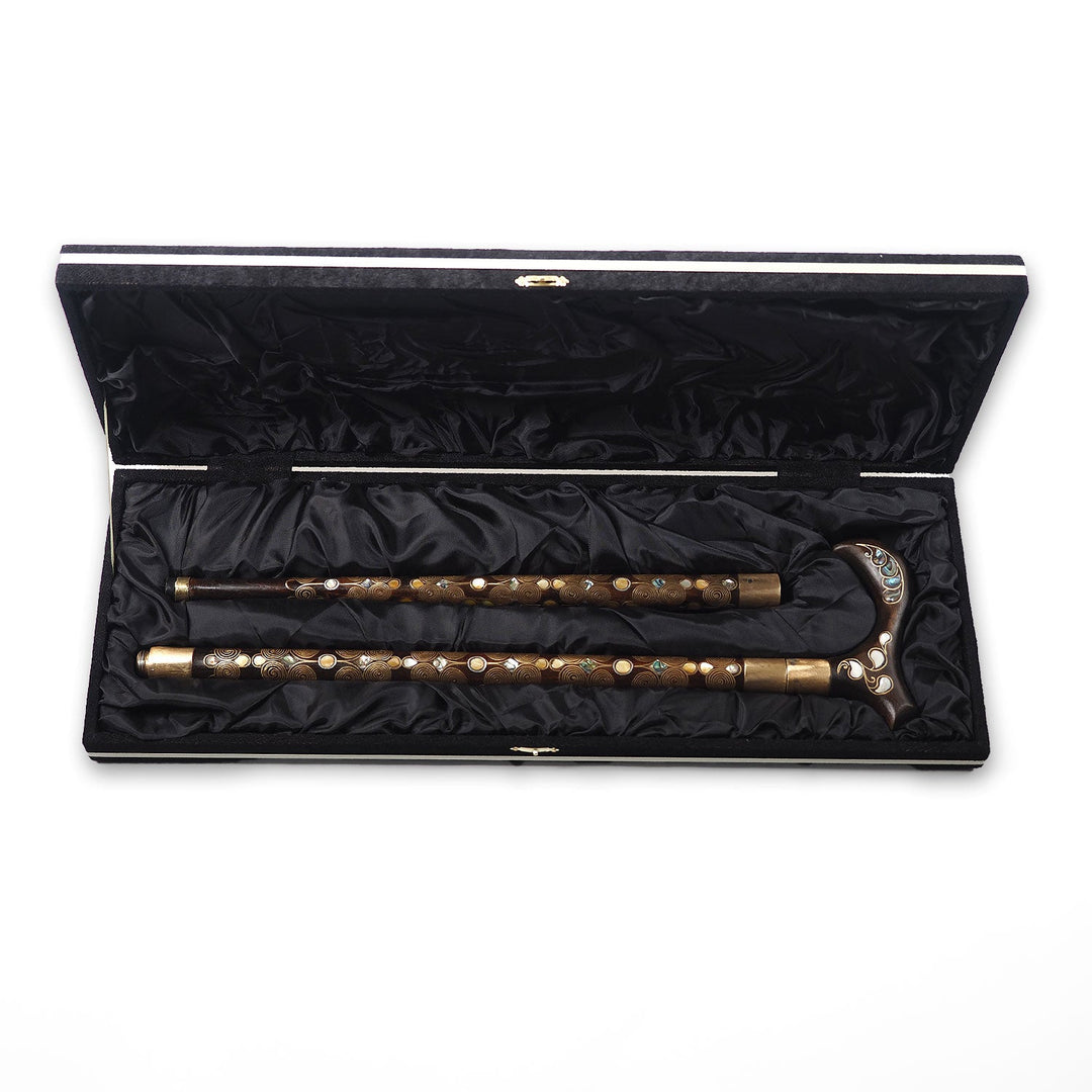 Handcrafted Wooden Walking Cane with Mother-of-Pearl and Copper Wire Inlay, Spherical Handle - WAAH237