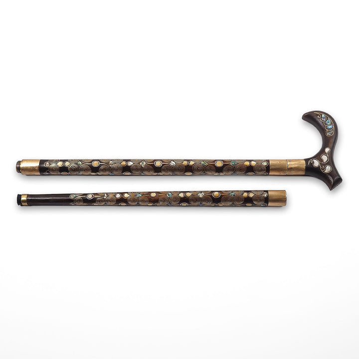 Handcrafted Wooden Walking Cane with Mother-of-Pearl and Copper Wire Inlay, Spherical Handle - WAAH237