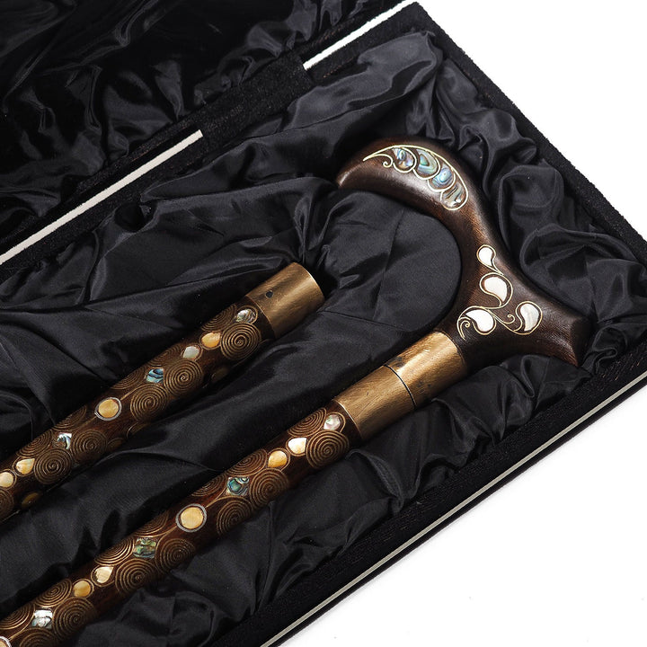 Handcrafted Wooden Walking Cane with Mother-of-Pearl and Copper Wire Inlay, Spherical Handle - WAAH237