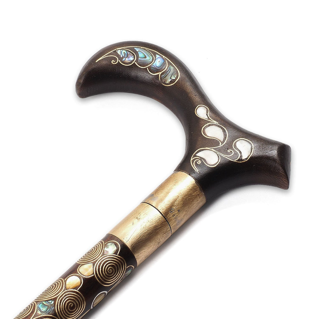 Handcrafted Wooden Walking Cane with Mother-of-Pearl and Copper Wire Inlay, Spherical Handle - WAAH237