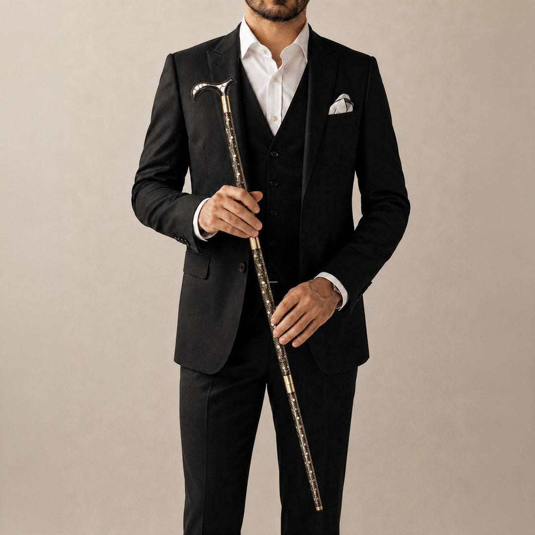 Handcrafted Wooden Walking Cane with Mother-of-Pearl and Copper Wire Inlay, Spherical Handle - WAAH238