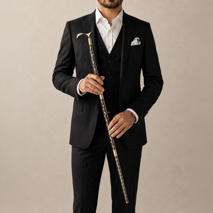 Handcrafted Wooden Walking Cane with Mother-of-Pearl and Copper Wire Inlay, Spherical Handle - WAAH238