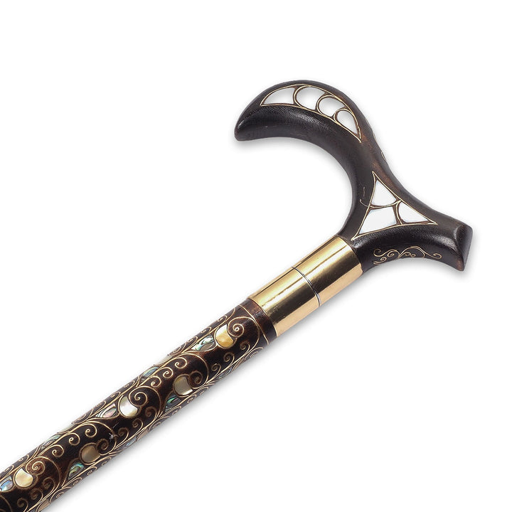 Handcrafted Wooden Walking Cane with Mother-of-Pearl and Copper Wire Inlay, Spherical Handle - WAAH238