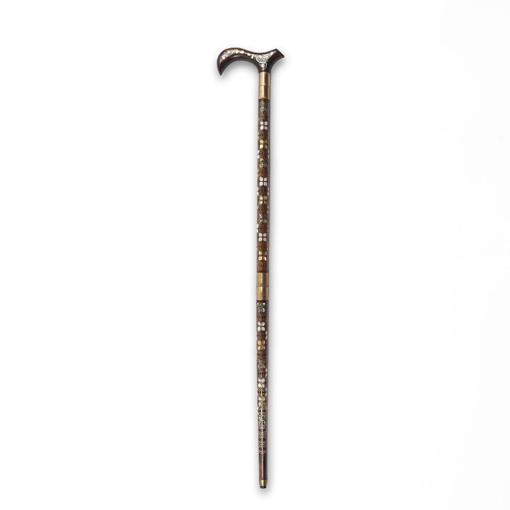 Handcrafted Wooden Walking Cane with Mother-of-Pearl and Copper Wire Inlay, Spherical Handle - WAAH239