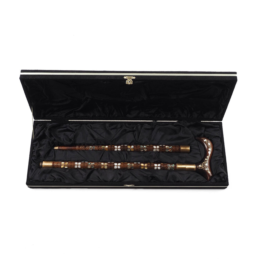 Handcrafted Wooden Walking Cane with Mother-of-Pearl and Copper Wire Inlay, Spherical Handle - WAAH239