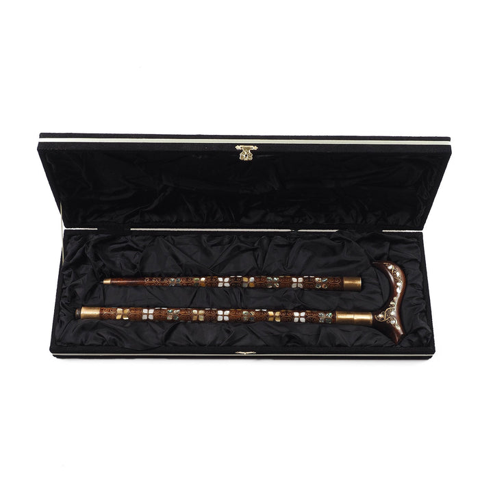 Handcrafted Wooden Walking Cane with Mother-of-Pearl and Copper Wire Inlay, Spherical Handle - WAAH239