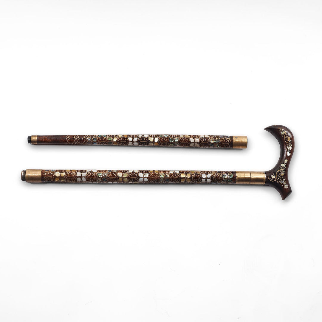 Handcrafted Wooden Walking Cane with Mother-of-Pearl and Copper Wire Inlay, Spherical Handle - WAAH239