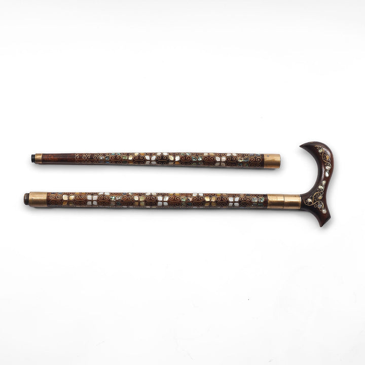 Handcrafted Wooden Walking Cane with Mother-of-Pearl and Copper Wire Inlay, Spherical Handle - WAAH239