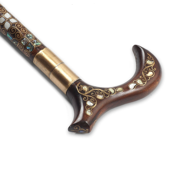Handcrafted Wooden Walking Cane with Mother-of-Pearl and Copper Wire Inlay, Spherical Handle - WAAH239