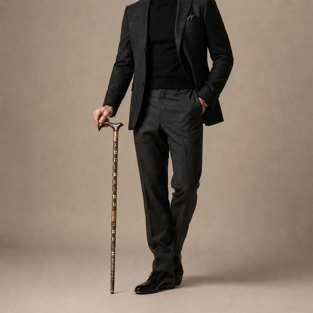 Handcrafted Wooden Walking Cane with Mother-of-Pearl and Copper Wire Inlay, Spherical Handle - WAAH239