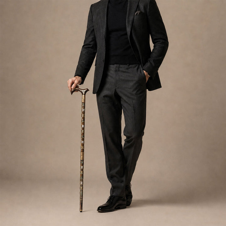 Handcrafted Wooden Walking Cane with Mother-of-Pearl and Copper Wire Inlay, Spherical Handle - WAAH239