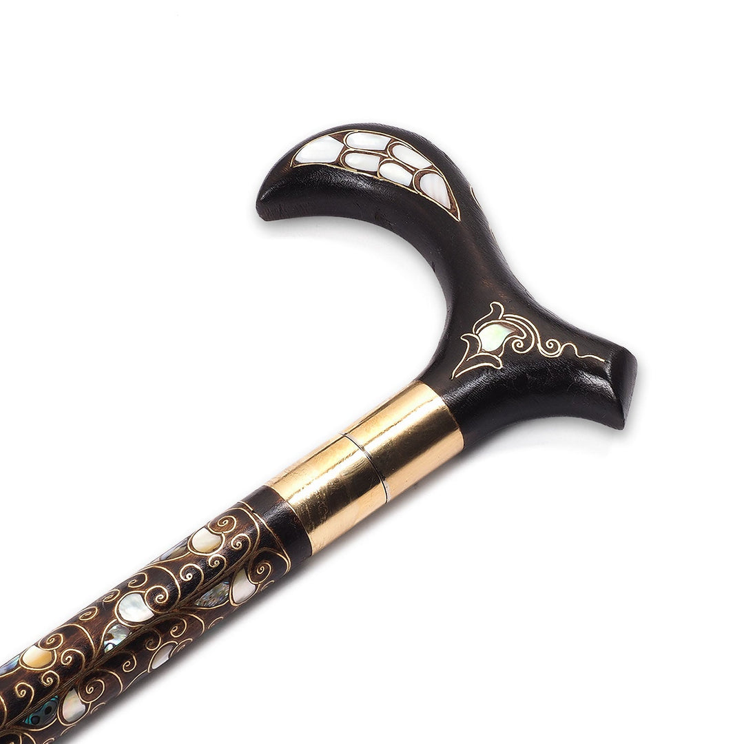 Handcrafted Wooden Walking Cane with Mother-of-Pearl and Copper Wire Inlay, Spherical Handle - WAAH240