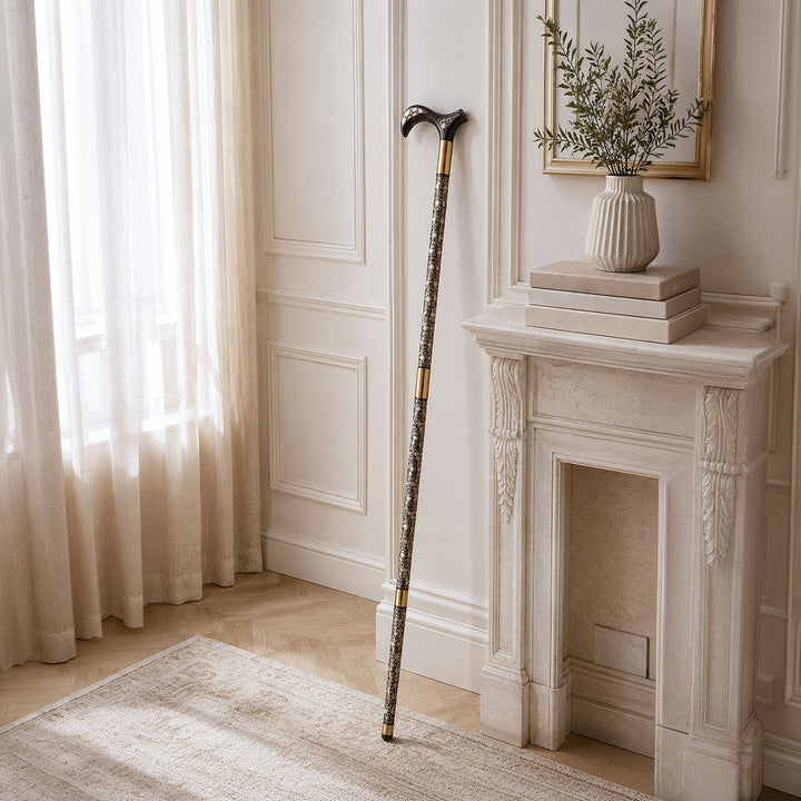 Handcrafted Wooden Walking Cane with Mother-of-Pearl and Copper Wire Inlay, Spherical Handle - WAAH240