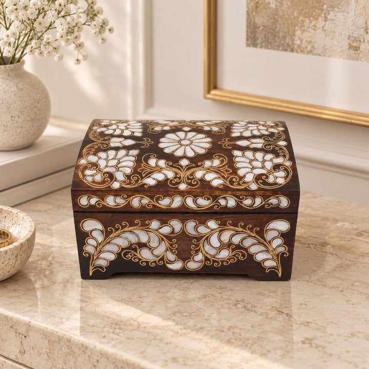 Handcrafted Mother-of-Pearl &amp; Copper Wire Inlaid Wooden Box - WAAH377