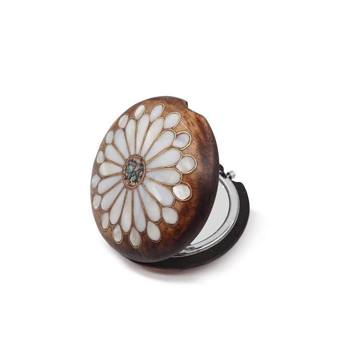 Floral Motif | Handcrafted Mother-of-Pearl &amp; Copper Wire Inlaid Wooden Pocket Mirror – WAAH055 - WAAH381