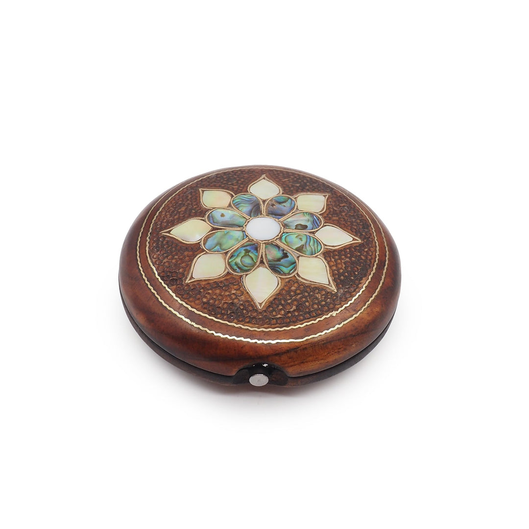 Floral Motif | Handcrafted Mother-of-Pearl &amp; Copper Wire Inlaid Wooden Pocket Mirror – WAAH055 - WAAH382