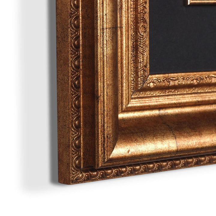Gold Leaf Glass Wall Art with Kufic Basmala and Asma ul-Husna, Ornate Wooden Frame - WAAH439