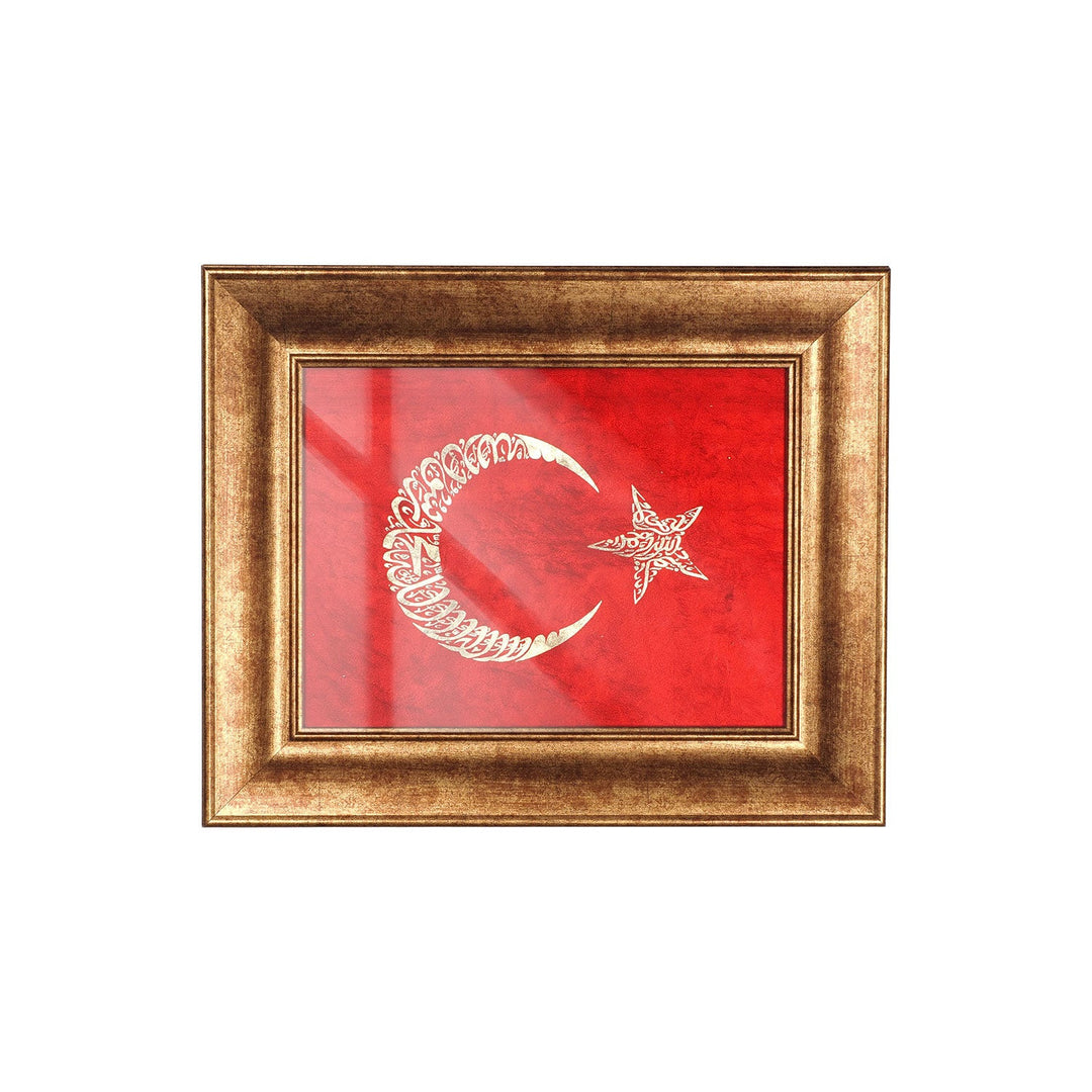 Hand-Painted Turkish Flag Glass Wall Art with Gold Leaf Details and Wooden Frame - WAAH442