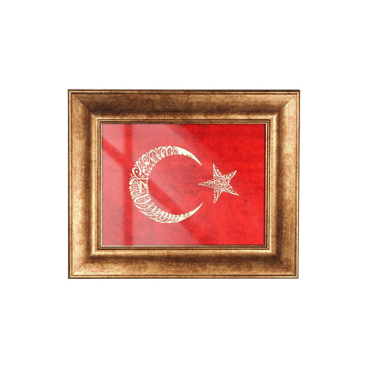 Hand-Painted Turkish Flag Glass Wall Art with Gold Leaf Details and Wooden Frame - WAAH442