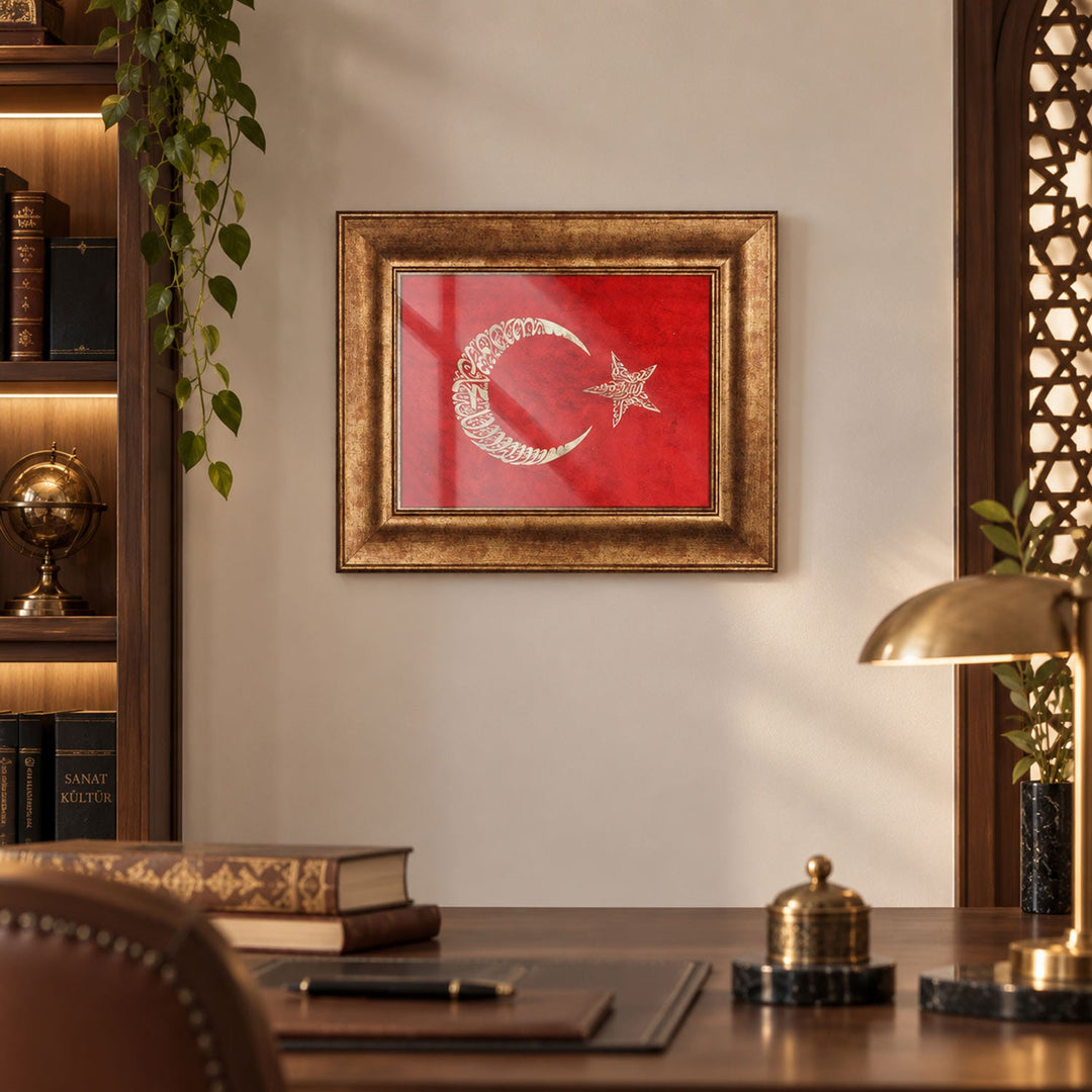 Hand-Painted Turkish Flag Glass Wall Art with Gold Leaf Details and Wooden Frame - WAAH442