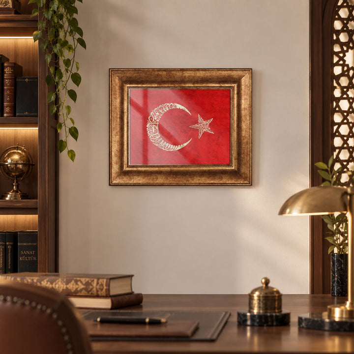 Hand-Painted Turkish Flag Glass Wall Art with Gold Leaf Details and Wooden Frame - WAAH442