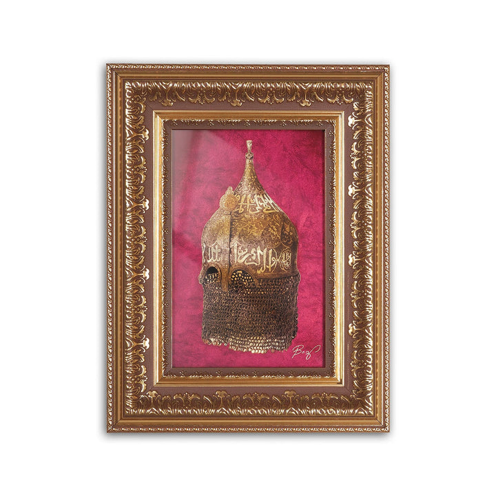 Hand-Painted Ottoman Helmet Motif Glass Wall Art with Gold Leaf Details and Wooden Frame - WAAH455