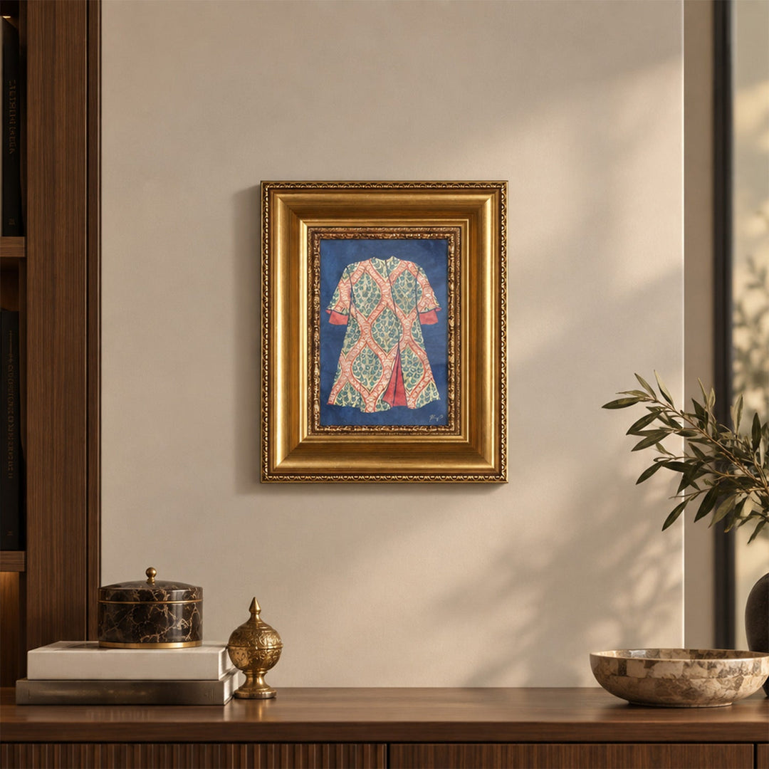 Hand-Painted Ottoman Kaftan Motif Glass Wall Art with Gold Leaf Wooden Frame - WAAH456
