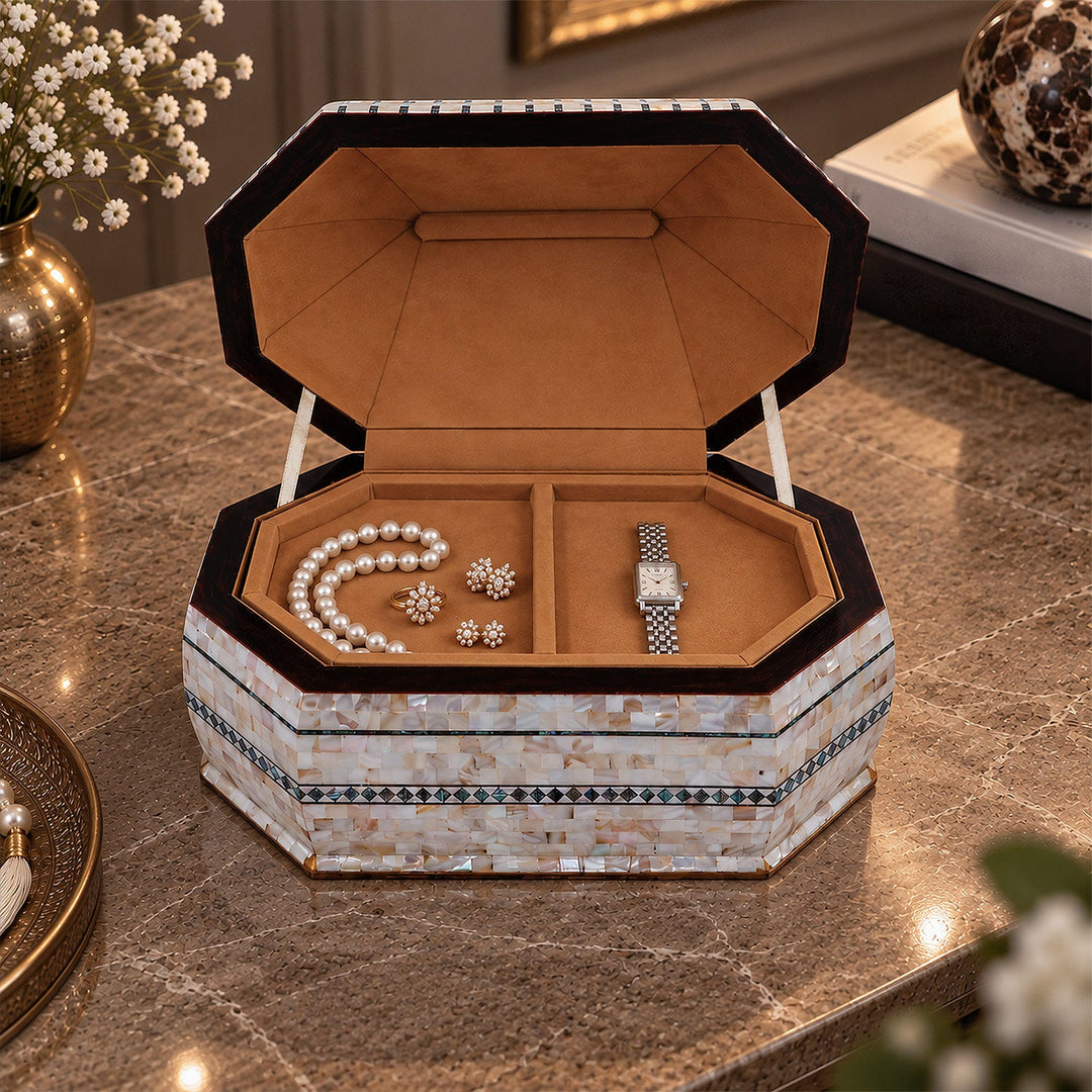 Handcrafted Patterned Wooden Box with Mother-of-Pearl Mosaic and Abalone Inlay - WAAH471