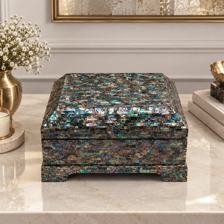 Handcrafted Patterned Wooden Box with Abalone Mother-of-Pearl Inlay - WAAH473