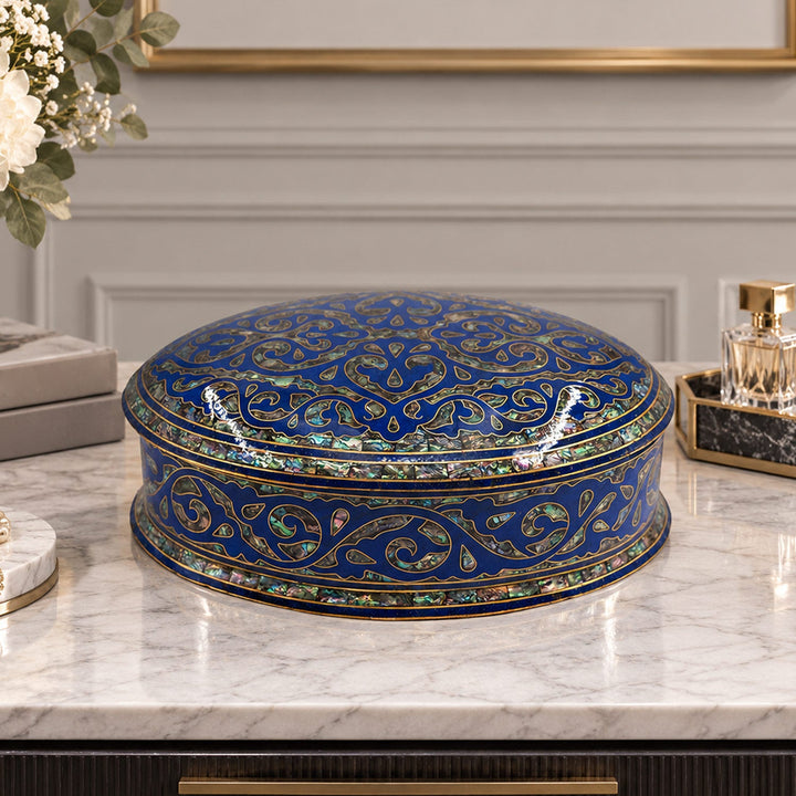 Handcrafted Navy Blue Wooden Box with Abalone Mother-of-Pearl and Copper Wire Inlay - WAAH474