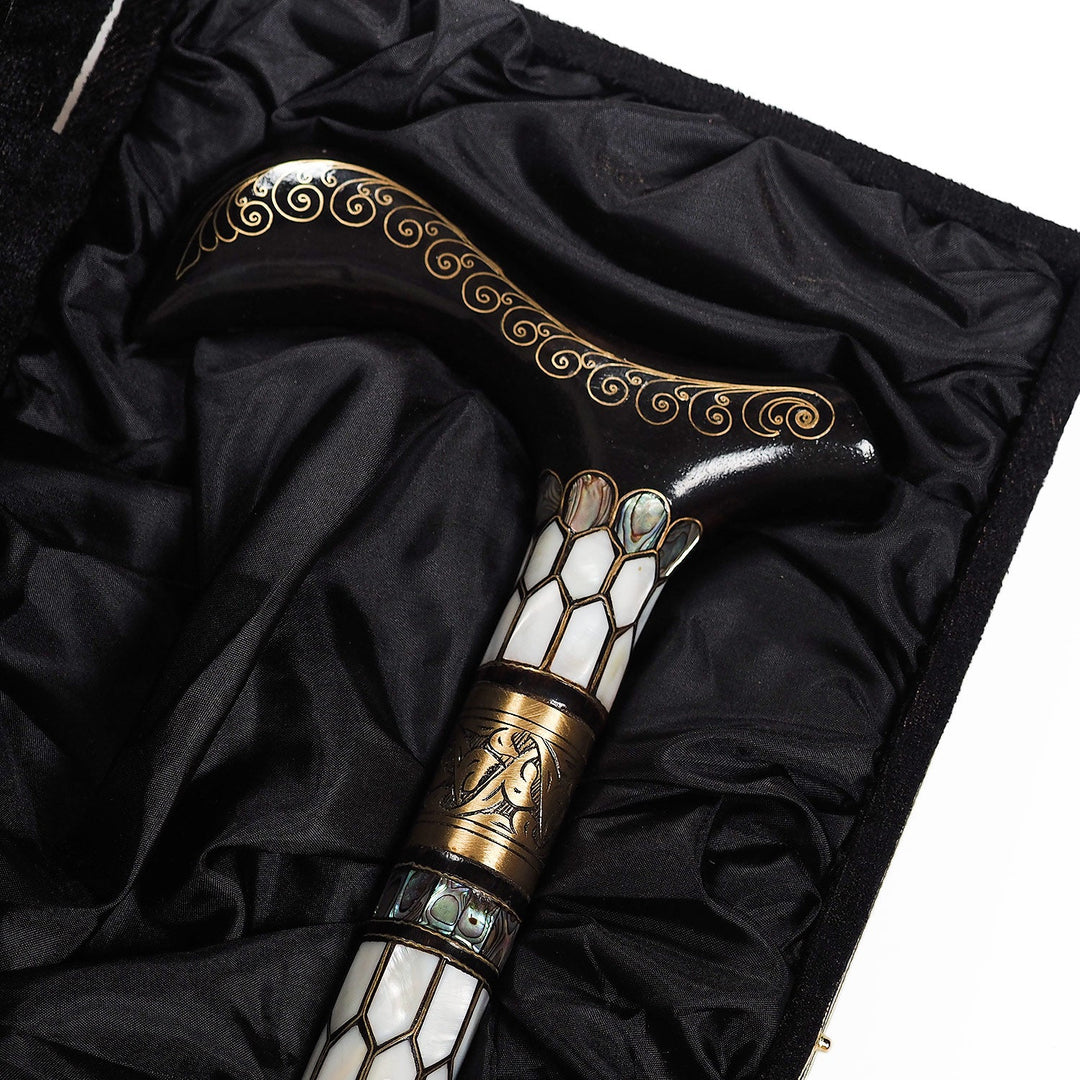 Handcrafted Wooden Walking Cane with Mother-of-Pearl and Copper Wire Inlay - WAAH476