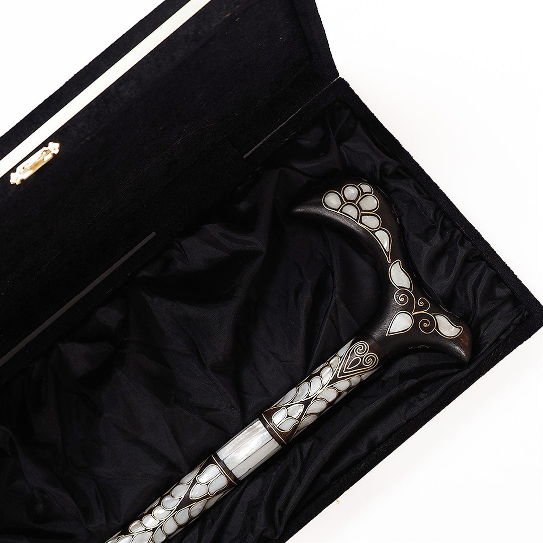 Handcrafted Wooden Walking Cane with Mother-of-Pearl and Copper Wire Inlay - WAAH477