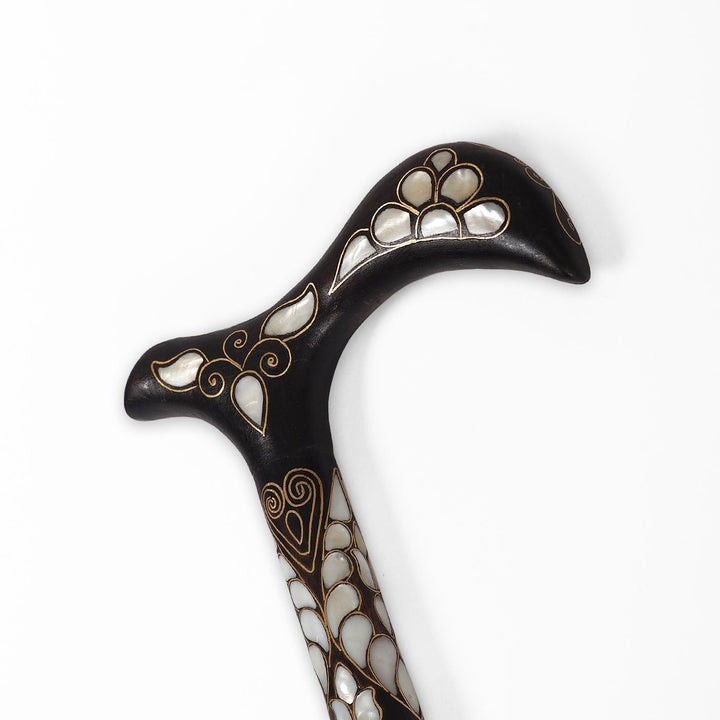 Handcrafted Wooden Walking Cane with Mother-of-Pearl and Copper Wire Inlay - WAAH477