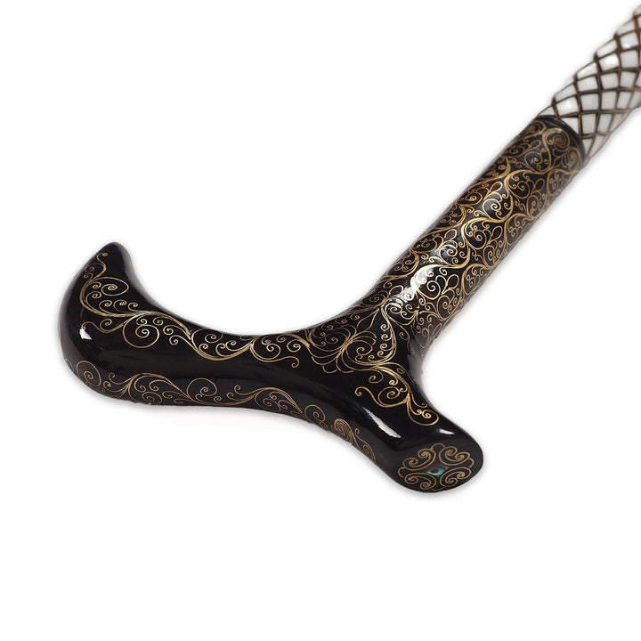 Handcrafted Wooden Walking Cane with Mother-of-Pearl and Copper Wire Inlay - WAAH479