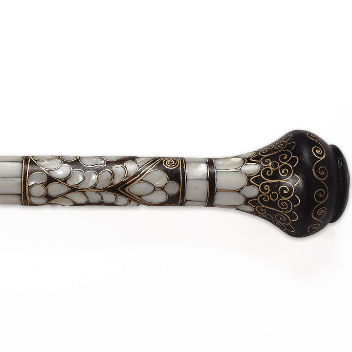 Handcrafted Wooden Walking Cane with Mother-of-Pearl and Copper Wire Inlay - WAAH480