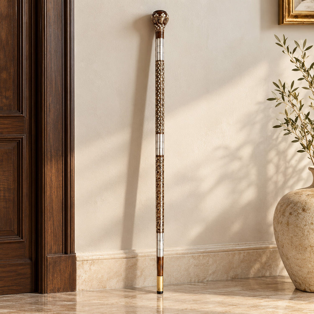 Handcrafted Wooden Walking Cane with Mother-of-Pearl &amp; Copper Wire Inlay - WAAH491