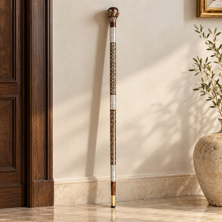 Handcrafted Wooden Walking Cane with Mother-of-Pearl &amp; Copper Wire Inlay - WAAH491