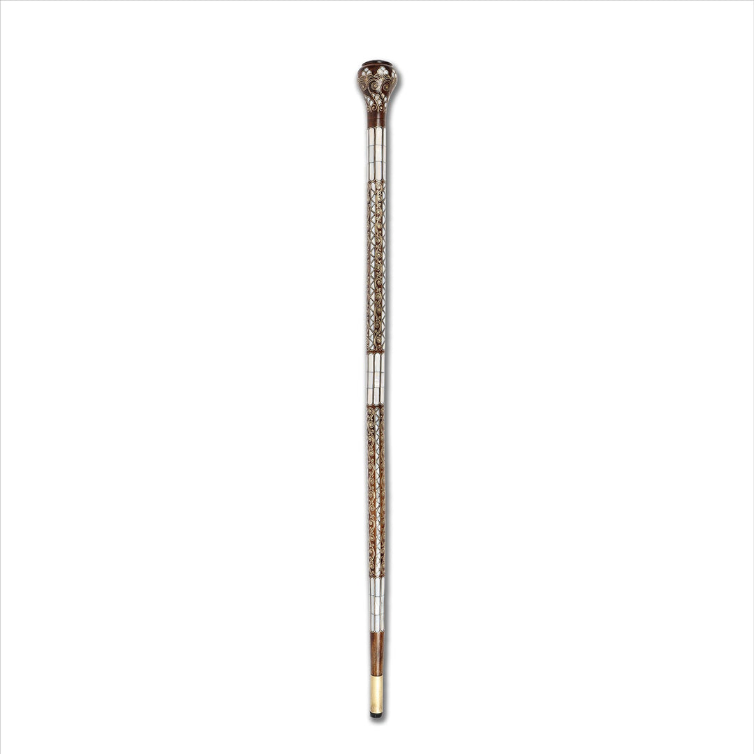Handcrafted Wooden Walking Cane with Mother-of-Pearl &amp; Copper Wire Inlay - WAAH491