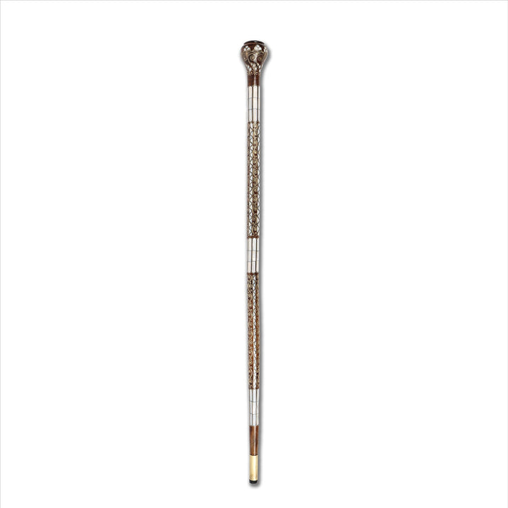 Handcrafted Wooden Walking Cane with Mother-of-Pearl &amp; Copper Wire Inlay - WAAH491