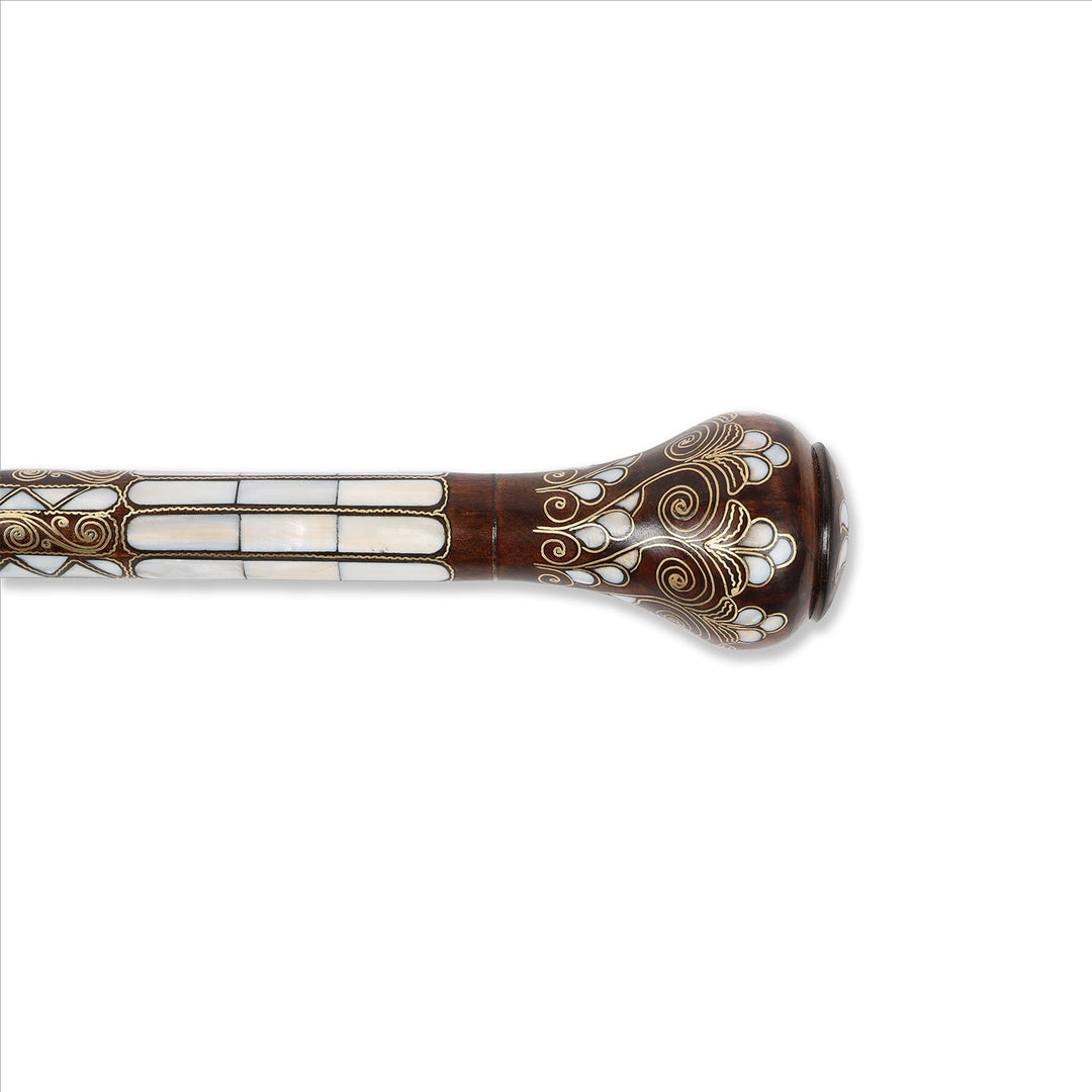 Handcrafted Wooden Walking Cane with Mother-of-Pearl &amp; Copper Wire Inlay - WAAH491