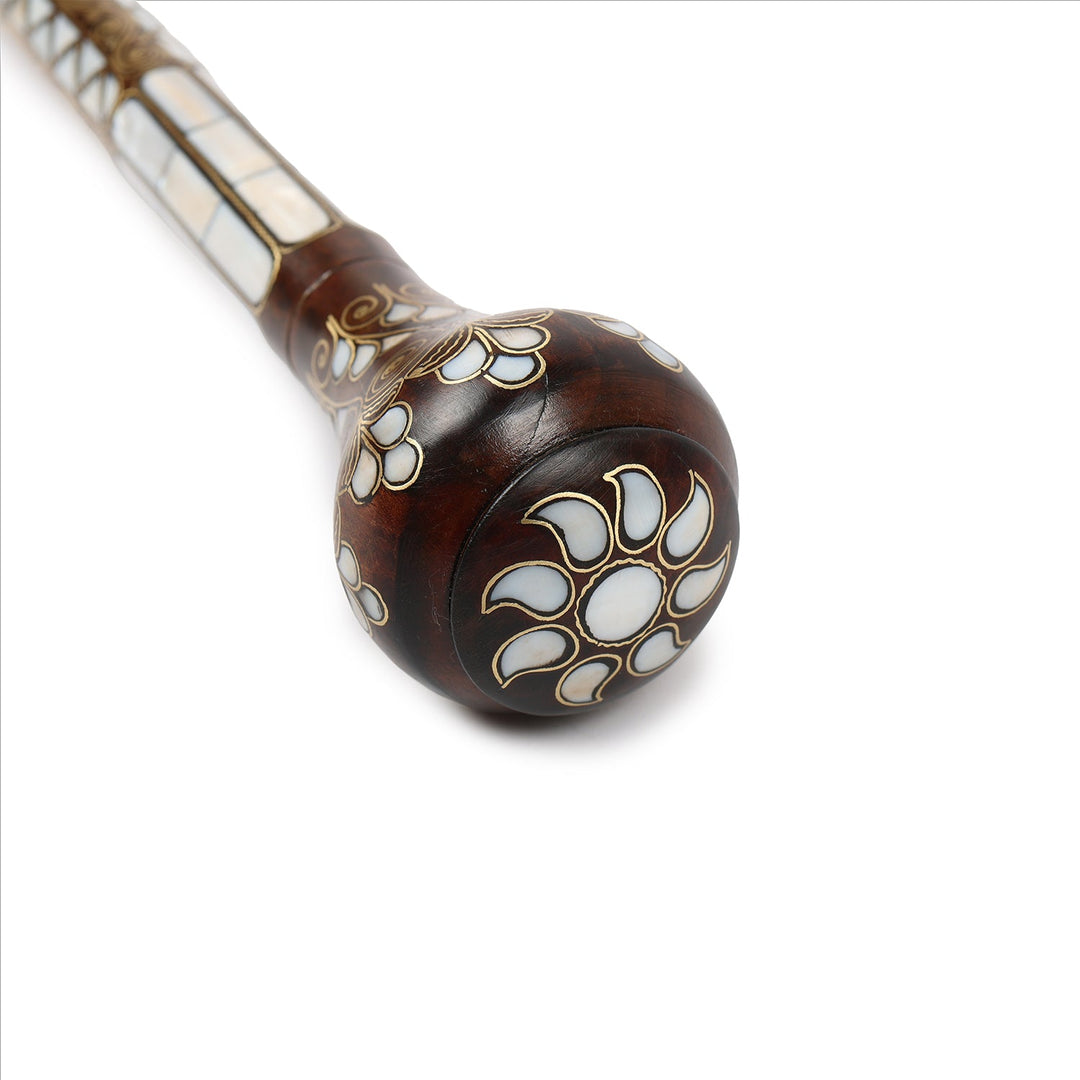 Handcrafted Wooden Walking Cane with Mother-of-Pearl &amp; Copper Wire Inlay - WAAH491