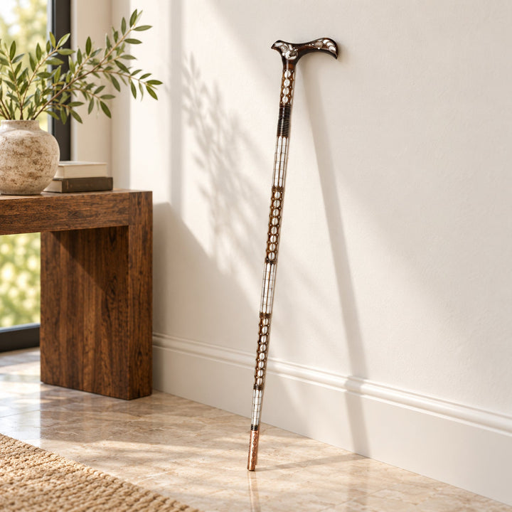 Handcrafted Wooden Walking Cane with Mother-of-Pearl &amp; Copper Wire Inlay - WAAH492