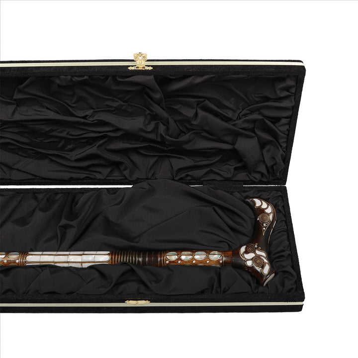 Handcrafted Wooden Walking Cane with Mother-of-Pearl &amp; Copper Wire Inlay - WAAH492