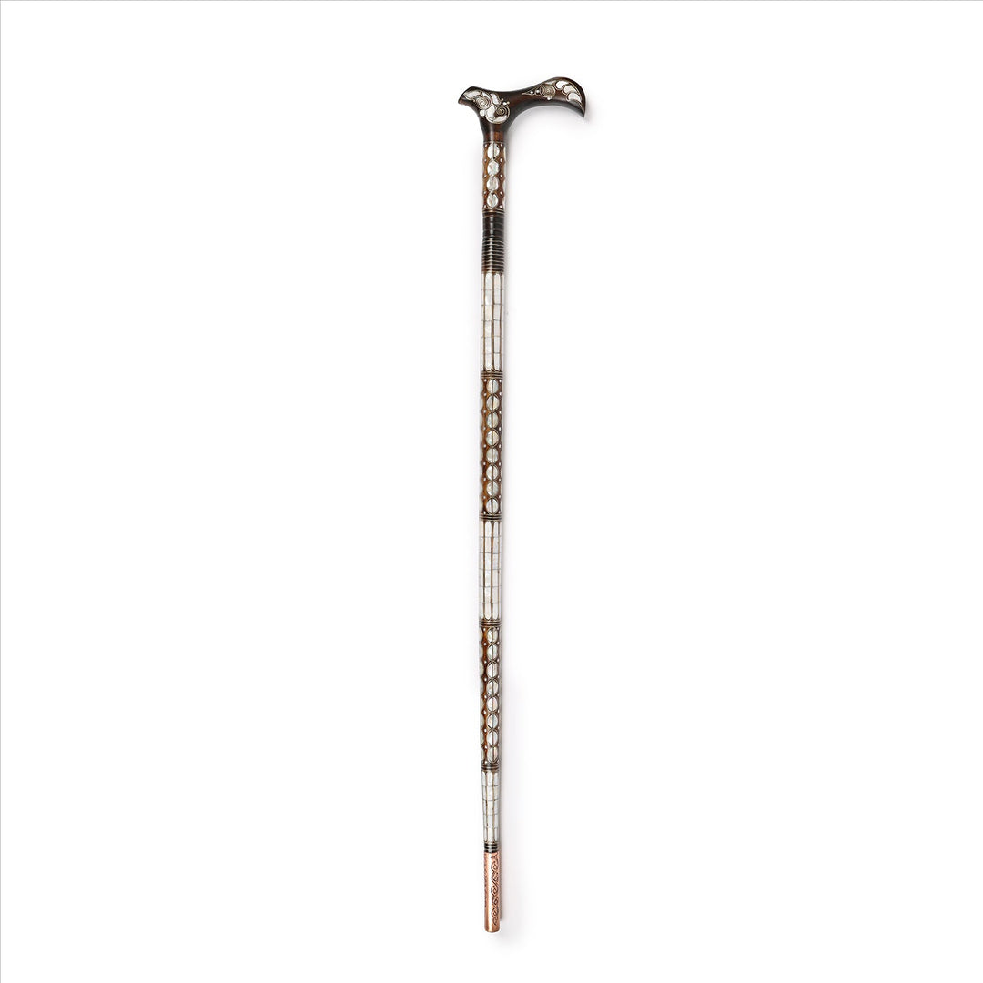 Handcrafted Wooden Walking Cane with Mother-of-Pearl &amp; Copper Wire Inlay - WAAH492