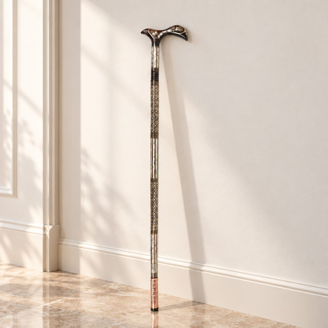 Handcrafted Wooden Walking Cane with Mother-of-Pearl &amp; Copper Wire Inlay - WAAH493