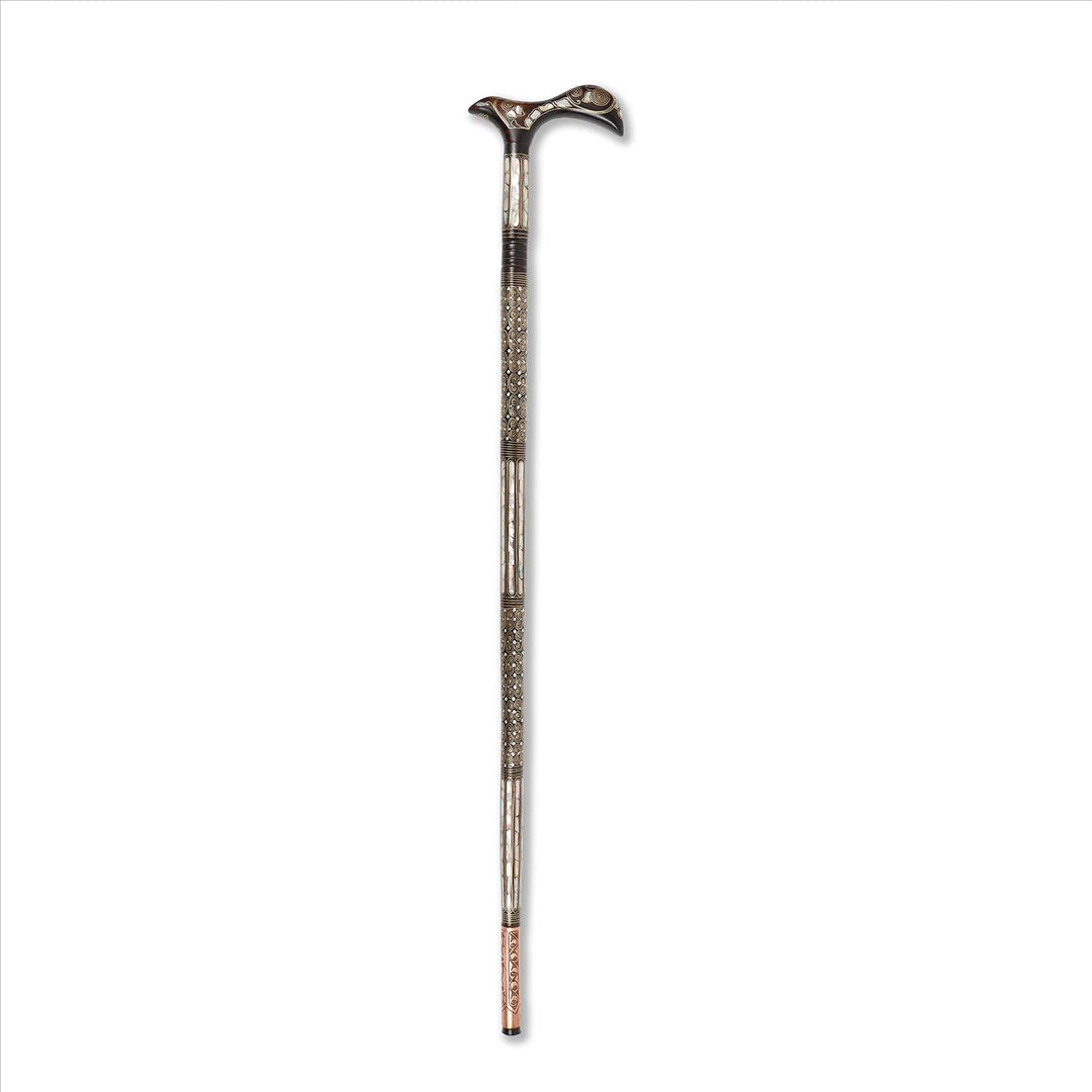 Handcrafted Wooden Walking Cane with Mother-of-Pearl &amp; Copper Wire Inlay - WAAH493